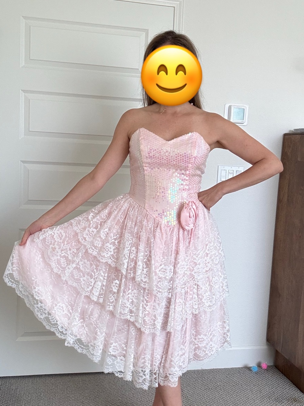Vintage 80’s Pink Lace Strapless Dress with Sequined Bodice